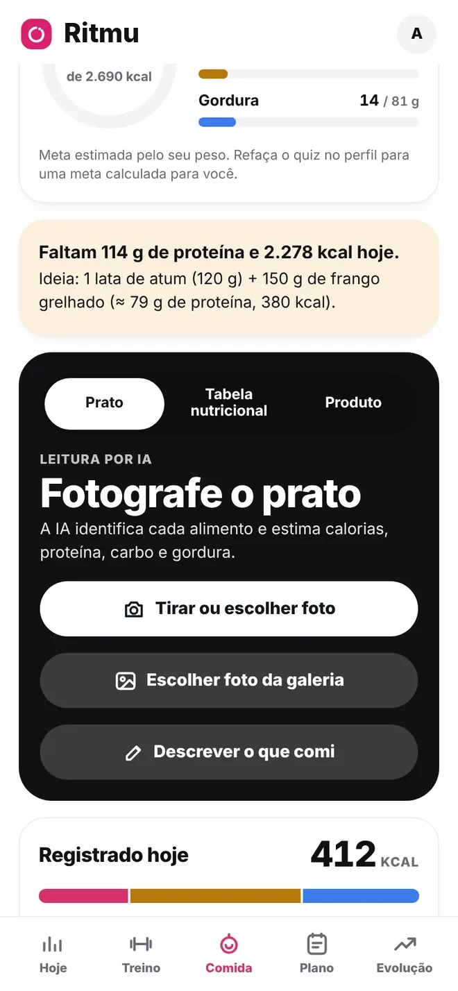 Tela Sua comida do Ritmu com as opções Prato, Tabela nutricional e Produto