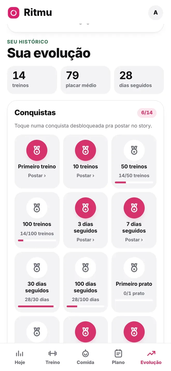 Tela Sua evolução do Ritmu com treinos, placar médio, dias seguidos e conquistas