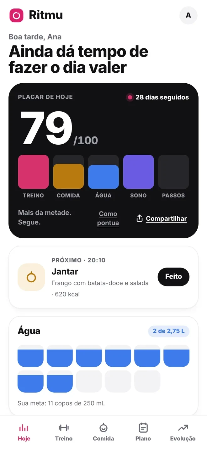 Tela Hoje do Ritmu com o placar do dia em 79 de 100