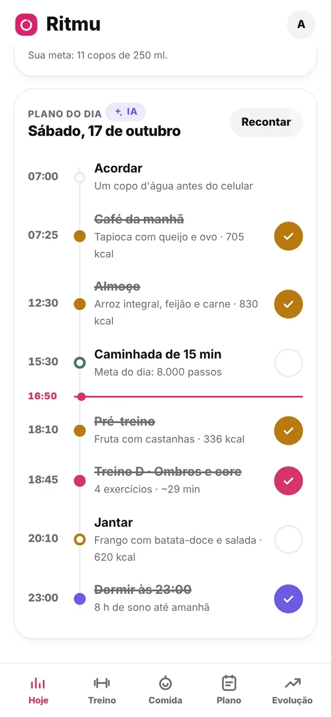 Plano do Dia no Ritmu com horários de refeições, treino e sono