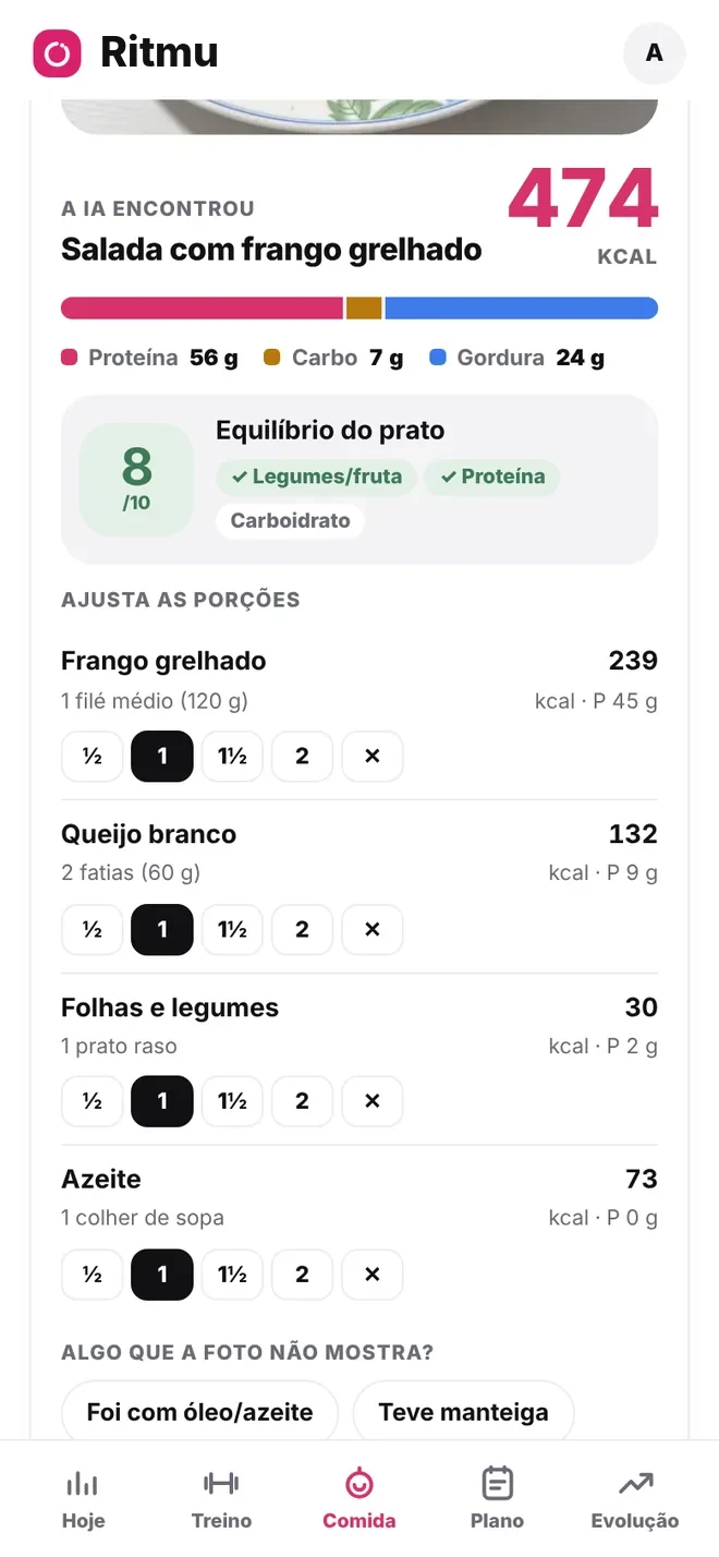 Resultado da leitura do prato no Ritmu com porções ajustáveis