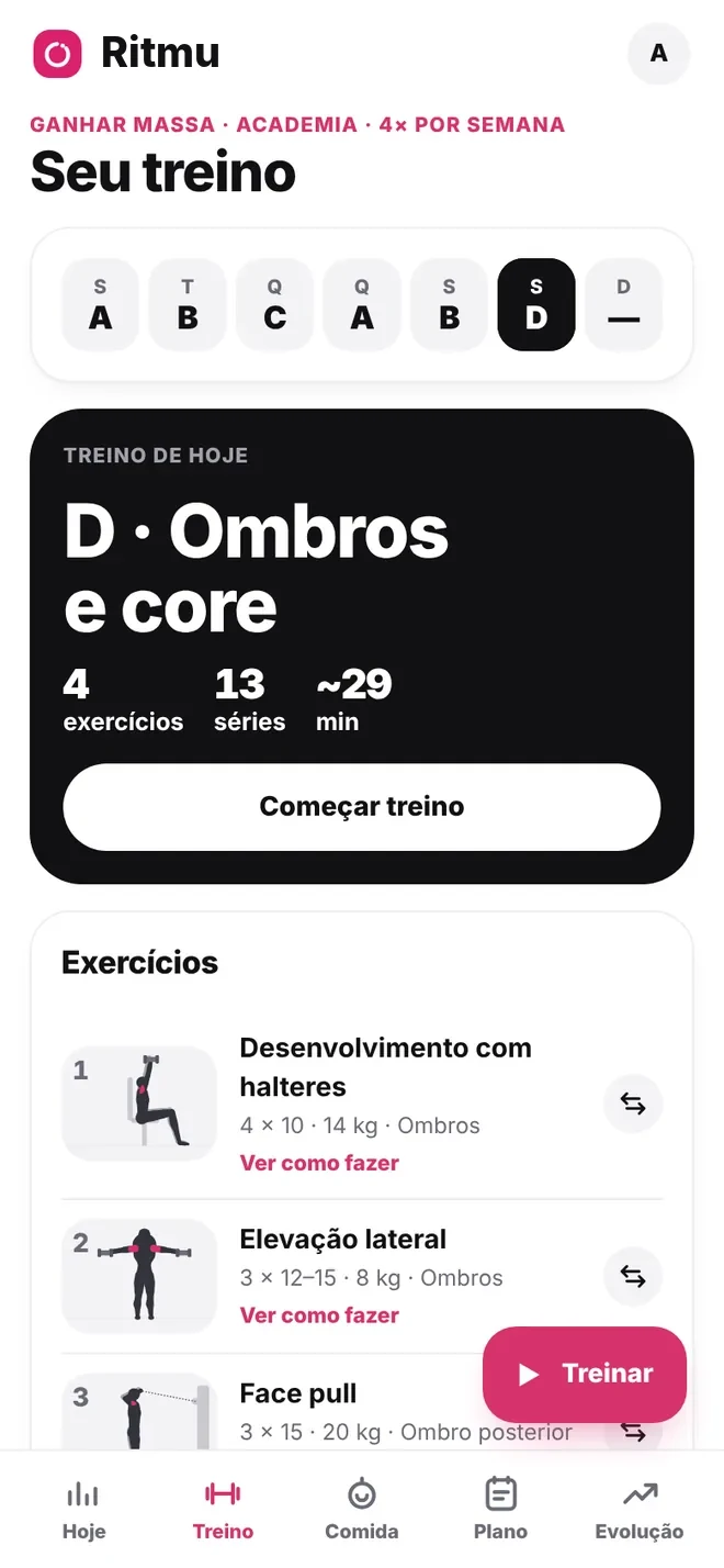 Treino do dia no Ritmu com a lista de exercícios